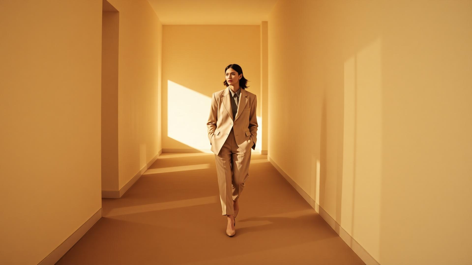 Model wearing AUREN tailoring in a sunlit corridor